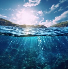 Blue sea surface and blue sky with clouds reflected in the water surface