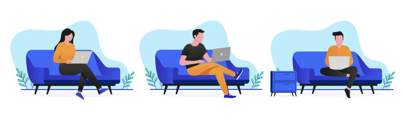Leinwandbilder - Working on computer in couch collection - Vector illustrations of people, man and woman doing laptop work in sofa at home. Flat design and white background