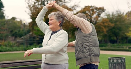 Wall Mural - Love, dance and retirement with old couple in park for marriage, support and romance. Relax, happiness and music with senior man and woman holding hands in nature for happy, health or date together