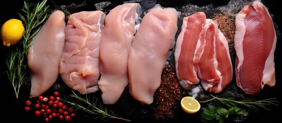 Sticker - Types of raw chicken meat and poultry displayed on a black background from a top view with copy space.