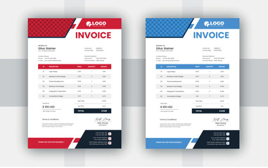 elegant rad or blue vector invoice template design or price quotation, money receipt