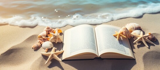 Poster - A writing book with summer beach accessories is pictured on a background, with copy space. There are no special symbols included.
