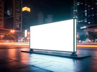 Poster - Perspective view of empty advertising banner on night city street, mockup. Generative AI