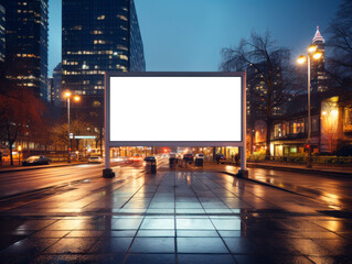 Poster - Front view of empty white billboard on evening city street, mockup. Generative AI