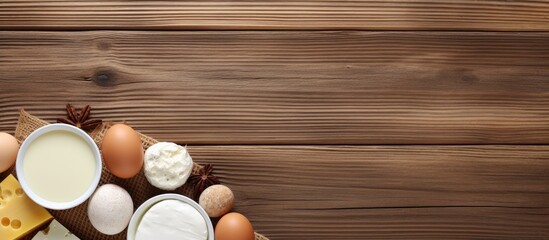 Aufkleber - An image with various dairy products such as milk, cottage cheese, and eggs is displayed on a wooden table. The view is from the top, and empty space for adding text. This arrangement is captured