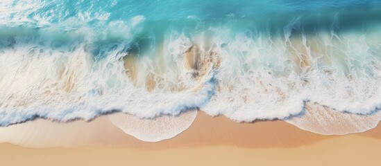 Sticker - shows an aerial view of a sandy beach with clear light blue water, waves, and sunlight. It represents a summer vacation background with space for text and conveys a natural beauty spa concept.