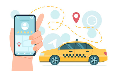 Poster - taxi in phone concept. order of yellow car at smartphone. travel and tourism. mobile application or 