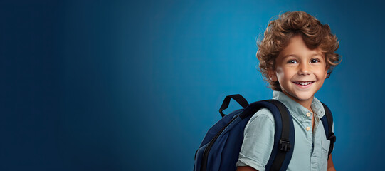 Wall Mural - Cute Young Boy with a Backpack Heading Back to School on a Blue Banner with Space for Copy