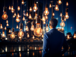 Fototapete - Businessman standing in front of various light bulbs hanging over the city, idea concept. Generative AI