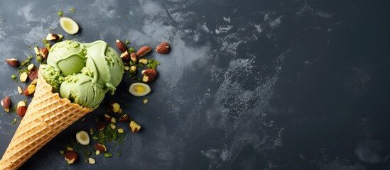 Green ice cream in a waffle cone with chocolate and pistachio nuts on a gray stone background. This represents summer food and offers copy space. The ice cream is gluten-free and healthy. This image