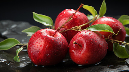 Wall Mural - Mouthwatering Apples on Dark Rough Stone Table. Generative AI.