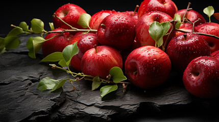 Wall Mural - Appetizing Apples on Dark Rough Stone Table. Generative AI.