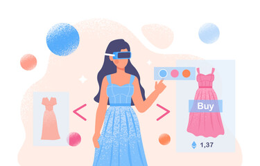 Poster - Virtual clothes shopping concept. Woman in VR glasses chooses blue and pink dress. Modern technologies and innovations. Electronic commerce and home delivery. Cartoon flat vector illustration