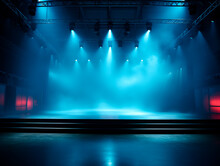 Empty Blue Stage With Volumetric Lights And Smoke On A Background, Mockup. Generative AI