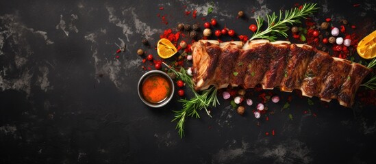 Sticker - Grilled lamb ribs presentation with spices and condiments showcased from a top view on a stone table, offering enough space for adding text or additional elements.