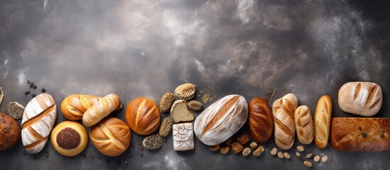 Poster - Various types of crusty bread and buns arranged on a stone table, seen from the top, with enough space for you to add your own text.