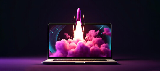 Wall Mural - rocket coming out of laptop screen, black purple background, startup concept