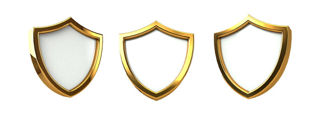 Set of Protected guard gold frame shield 3d, safety badge, security label. Defense safeguard sign. 3d render