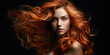 Glossy wavy beautiful hair. Young woman with healthy long red hair