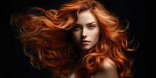 Glossy Wavy Beautiful Hair. Young Woman With Healthy Long Red Hair
