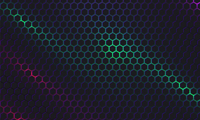 Wall Mural - Dark hexagon gaming abstract vector background with green and red colored bright flashes. Vector illustration