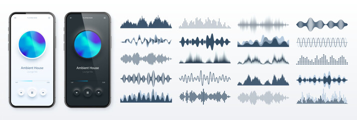 Wall Mural - Online audio player user interface, smartphone app UI design. Music, media streaming and listening platform. Responsive mobile application. Neumorphism. Various sound waves. Vector illustration