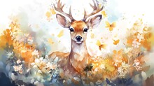 Cute Little Deer With A Flower Wreath Painted In Watercolor On A White Isolated Background. Generative AI