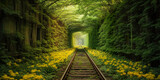 Fototapeta Do przedpokoju - A railway in the spring forest tunnel of love. The light at the end of the tunnel. Autumn tunnel of love. Realistic 3D illustration. Generative AI