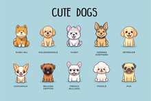 Collection Of Chibi Cute Dogs Flat Colourful Illustration