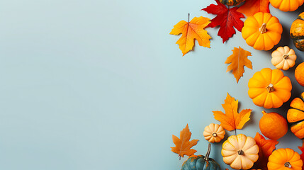 Autumn leaves and pumpkins on pastel background with copy space