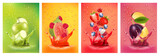 Fototapeta Łazienka - Fresh fruits juice splashing together- pear, apple, plum, apricot, strawberry, blackberry, raspberry juice drink splashing. 3d fresh fruits. Vector illustration