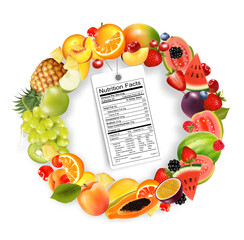 Wall Mural - Fruit and vegetables and a nutrient label. Diet concept. Strawberry, raspberry, blueberry, blackberry, orange, guava, watermelon, pineapple, mango, peach. Vector.