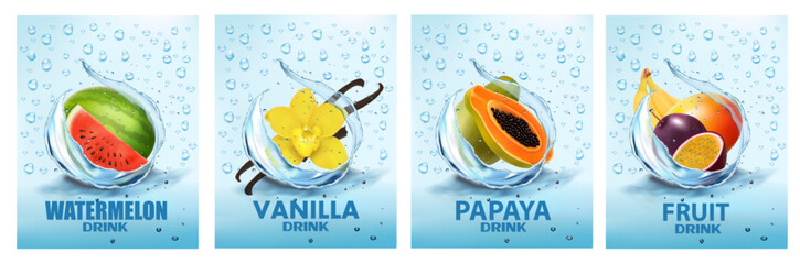 Canvas Print - Set of labels with fruit and vegetables drink. Fresh fruits water splashing together- watermelon, vanilla, papaya, mango, banana in water drink splashing. Vector illustration.