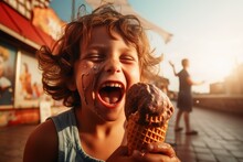 A Happy Kid Eating Ice Cream Melting In The Sun.