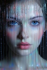 Sticker - a woman with blue eyes and blue eyes and pink lips with water drops on her face. Generative AI Art.