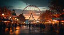 A Fair At Sunset With A Ferris Wheel. Generative AI. 