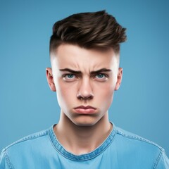 Portrait of an angry teenage boy with stylish brown hair. Closeup face of a furious Caucasian teenager on a blue background looking at camera. Front view of an outraged white teenager in a blue shirt.