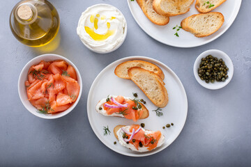Wall Mural - Salmon and cream cheese bruschetta with dill and capers