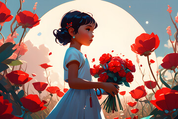 A little girl in a dress with lots of jewels is holding a red bouquet. Generative AI