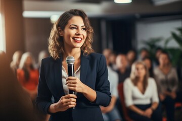 Generative AI : Confident businesswoman delivering a corporate presentation at a seminar or conference. The image showcases her expertise and leadership skills in a professional setting