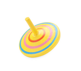 One bright spinning top isolated on white. Toy whirligig