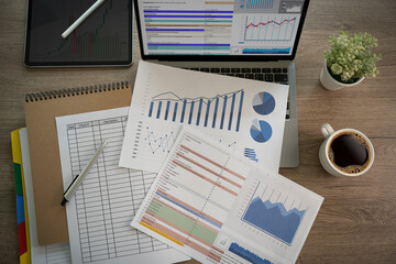 Poster - Businessmen work hard. Using analytics, Data analytics, statistics, information, Business Technology Intelligence (BI), and business strategy for finance statistic analysis