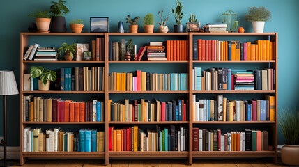 Wall Mural - bookshelf with multi-colored books, background consisting of a huge bookshelf lined with colored books of all colors of the rainbow, bright home library background background for presentation