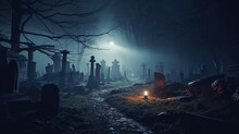Old Cemetery Halloween Night Scene 