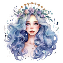 Celestial Goddess With Floral Crown Watercolor Clipart, Deity, Princess Magical World. 