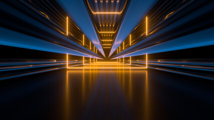 Poster - Sci Fy neon glowing lines in a dark tunnel. Reflections on the floor and ceiling. 3d rendering image. Abstract glowing lines. Techology futuristic background.