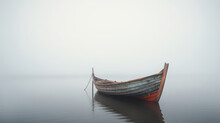 Old Lonely Boat On The River In The Fog