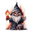 Halloween gnome, red eye, witch hat and candle in hand clipart