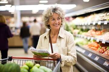 Wall Mural - Smiling mature woman shopping for food at a supermarket 