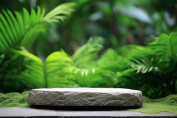 Poster - Stone round platform on green moss in tropical garden. Natural background for market product display.